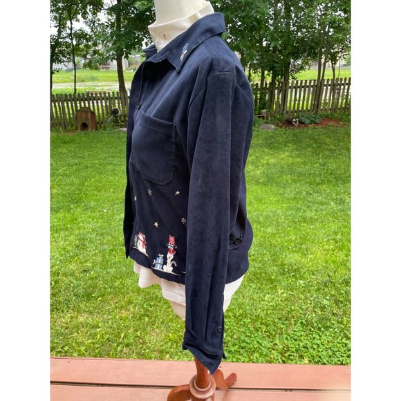 Christmas-Themed Womens Navy Button-Up Jacket & White Turtleneck Set With Winter - Picture 7 of 15